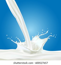 Abstract realistic milk drop with splashes isolated on blue background. vector illustration