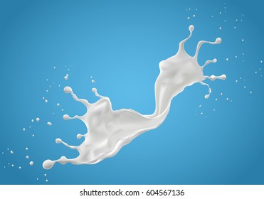 Abstract realistic milk drop with splashes isolated on blue background. vector illustration