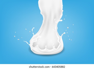 Abstract realistic milk drop with splashes isolated on blue background. vector illustration