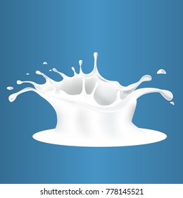Abstract realistic milk drop with splashes isolated on blue background. Each layer grouped separately.