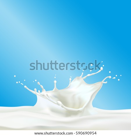 Abstract realistic milk drop with splashes isolated on blue background. vector illustration