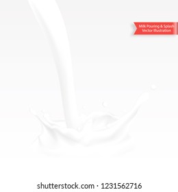 Abstract realistic milk pouring with splash isolated on white background. Vector illustration