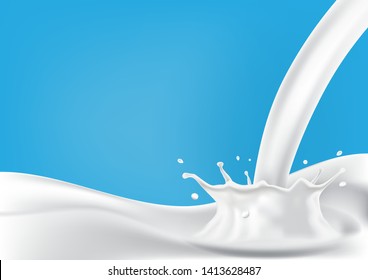 Abstract realistic milk or soy yogurt are dropping with splashing isolated on blue background. Vector illustration