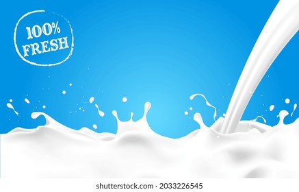 Abstract realistic milk splashes isolated on blue background. Abstract background ripple milk. 100% fresh. Milk splash for product design or advertising needs. Vector illustration EPS10.