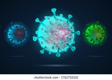 Resumen virus 3d realistas multicolores aislados en un fondo azul oscuro. Ilustración vectorial.