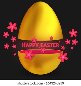 Aplasten huevos de oro abiertos realistas con dibujos animados que vuelan flores rojas. Plantilla de fondo de vacaciones para tarjeta de presentación, banner, invitación. Hermosa ilustración vectorial digital.