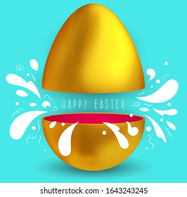 Abstract realistic open golden egg with cartoon white spray or splashes. Holiday background template for cover card, banner, invitation. Beautiful digital vector illustration.