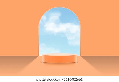 Abstract realistic orange 3d cylinder podium with sky clouds and arch door background. Minimal scene for product mockup. Pedestal for cosmetic product display presentation. Vector geometric platform.