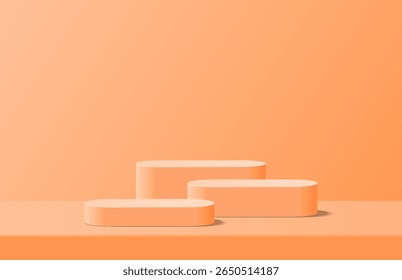 Abstract realistic orange 3d round podium placed on desk table pedestal in studio room. Minimal scene for product display mockup. Vector geometric platform design. 3d vector rendering. Promotion stage