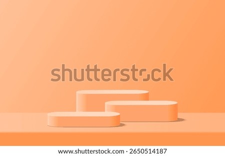 Abstract realistic orange 3d round podium placed on desk table pedestal in studio room. Minimal scene for product display mockup. Vector geometric platform design. 3d vector rendering. Promotion stage