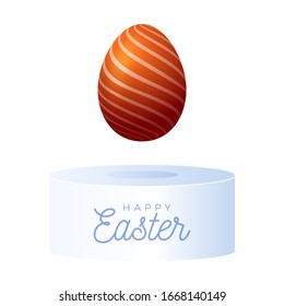 Abstract realistic orange egg on pedestal or podium. Holiday background template for cover card, banner, invitation. Beautiful digital vector illustration.