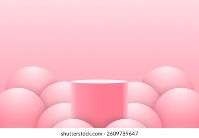 Abstract realistic pastel pink 3d cylinder podium with sphere balls background. Bubbles scene or sphere balls for mockup. Pedestal for cosmetic product display. 3d vector geometric platform design.