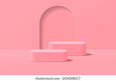 Abstractas podio redondo rosa realista 3D para el soporte de exhibición del producto en la habitación ligera y el fondo de la forma de la puerta del arco. Escena mínima para la maqueta de la exhibición del producto. Plataforma geométrica de Vector. Representación de Vectores 3D