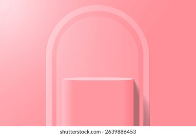 Abstract realistic pink 3d round podium for product display stand in light room and arch shape backdrop. Minimal wall scene for product mockup. Vector geometric platform. 3d vector rendering.