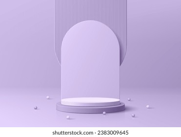 Abstract realistic purple and white 3D cylinder pedestal podium background with arch backdrop scene. Minimal mockup or product display presentation, Stage showcase. Platforms vector geometric design.