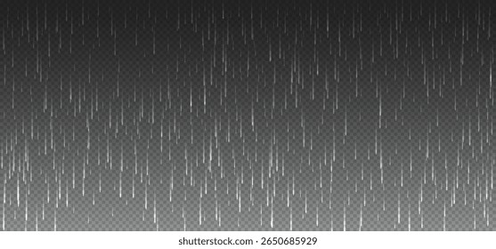 Textura da chuva realista abstrata. Linhas verticais de gotículas brancas criam um padrão dinâmico de chuva com tempestade isolado no fundo de gradiente escuro. Conceito de chuva pesada transparente de vetor, design de sobreposição de png chuvoso