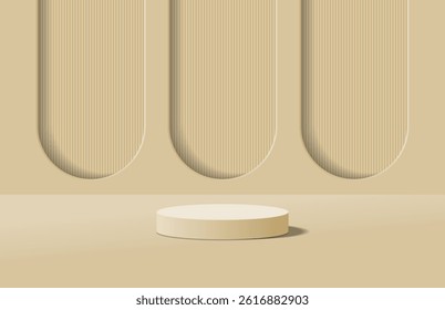 Abstract realistic soft cream 3d cylinder podium with arch windows background. Minimal scene for mockup. Pedestal for cosmetic product display presentation. 3d vector geometric platform rendering.