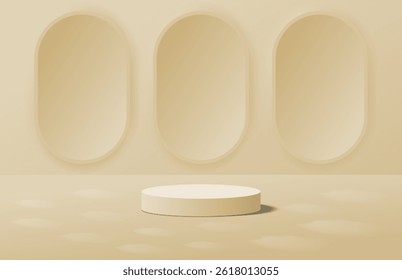Abstractas podio de cilindro 3D crema suave realista con fondo de ventanas redondas. Escena mínima para maqueta. Etapa para la presentación de la exhibición del producto cosmético. Representación geométrica de plataformas de Vector 3D