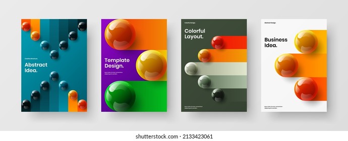 Abstract realistic spheres company brochure layout set. Modern journal cover A4 vector design template bundle.