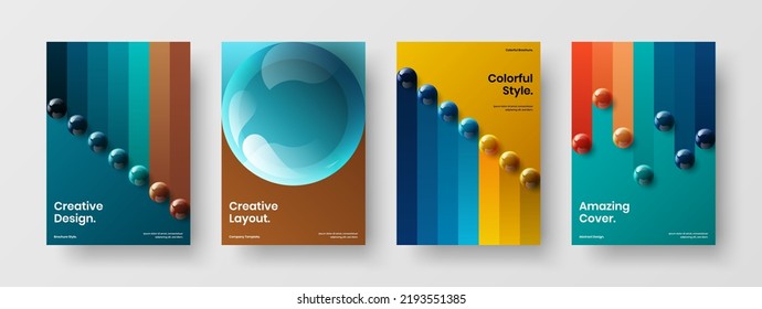 Abstract realistic spheres company identity template collection. Creative pamphlet A4 design vector illustration bundle.