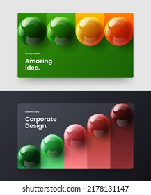 Abstract realistic spheres postcard layout set. Vivid web banner vector design illustration collection.