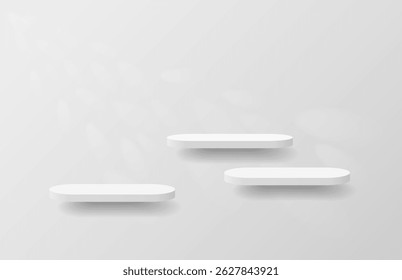 Abstractas podio redondo blanco realista 3D o soporte de exhibición de producto colgando, flotando con luz brillante sombra en la pared. Escena de pared mínima para la presentación de la exhibición del producto. Plataforma geométrica de Vector