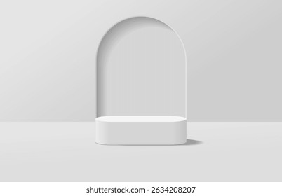Abstract realistic white 3d round podium for product display stand in light room and arch gate shape background. Minimal scene for product display mockup. Vector geometric platform. Vector rendering.