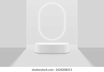 Abstract realistic white 3d round podium for product display and rectangle wall, glowing neon round shape. Minimal scene for product display mockup. Vector geometric platform. 3d vector rendering.