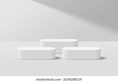 Abstract realistic white 3d round podium for product display stand with light shining shadow on wall. Minimal scene for product display mockup. Vector geometric platform design. 3d vector rendering.