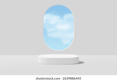 Abstract realistic white 3d round podium and round window, sky and clouds background. Minimal scene for product display mockup. Vector geometric platform. Vector stage rendering. Stage for Promotion.