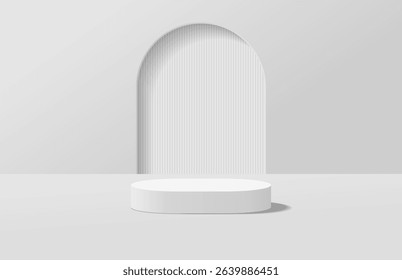 Abstract realistic white 3d round podium or product display stand in light room and arch gate shape background. Minimal scene for product display mockup. Vector geometric platform. Vector rendering.