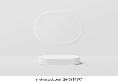 Abstract realistic white 3d round podium and horizontal round shape backdrop. Minimal scene for product display mockup. Vector geometric platform. Vector stage rendering. Stage for product promotion.