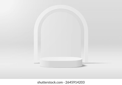 Abstractas podio redondo blanco realista en 3D y fondo en forma de arco. Escena mínima para la maqueta de la exhibición del producto. Plataforma geométrica de Vector. Representación de la etapa de Vector. Etapa para la promoción del producto.