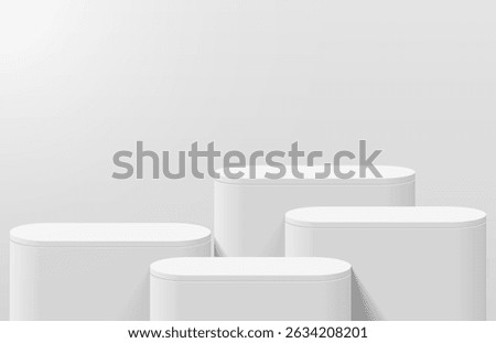 Abstract realistic white 3d round podium for product display in light room shining from left corner. Minimal wall scene for product display mockup. Vector geometric platform. 3d stage vector rendering