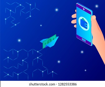 Abstract receiving money using a smartphone. Money is flying on a paper airplane to a smartphone.