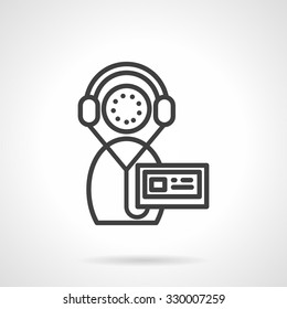Abstract recorder with headphones and recorder. Record of language lessons, audio files for e-learning. audio books. Simple black line vector icon. Design elements for site, business or mobile.