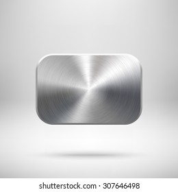 Abstract Rectangle Badge, Blank Button Template With Metal Texture (chrome, Silver, Steel), Realistic Shadow And Light Background For User Interfaces, UI, Applications And Apps. Vector Illustration.