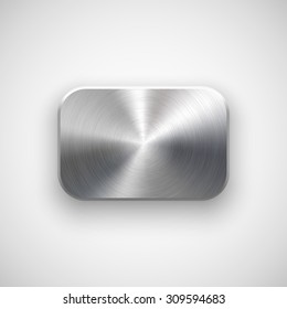 Abstract rectangle badge, blank button template with metal texture (chrome, silver, steel), realistic shadow and light background for user interfaces, UI, applications and apps. Vector illustration.