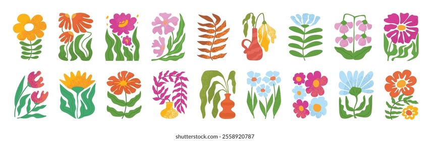 Abstract rectangle flowers. Decorative blooming plant and spring flower motifs, floral arrangements with leaves. Hand drawn botanical textured vector illustrations set.