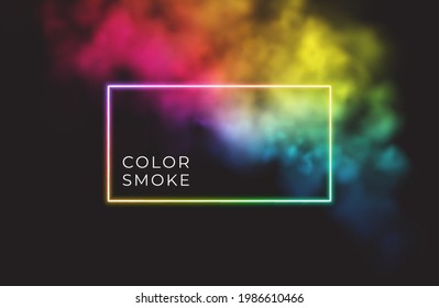 Abstract rectangle neon frame on color smoke background. Vector glowing light lines. Dark neon background. Vector illustration EPS10
