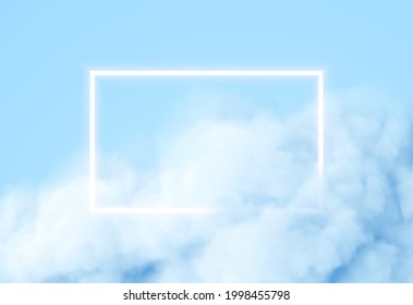 Abstract rectangle neon frame on blue smoke background. Vector glowing light lines. Neon and smoke cloud background. Vector illustration EPS10