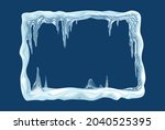 Abstract rectangle snow frame with ornate hanging icicles at blue background flat vector illustration