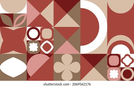 Abstract rectangular background with geometric shapes. Circle, triangle, square, parallelepiped of red, pink, beige, brown colors. Eps 10.