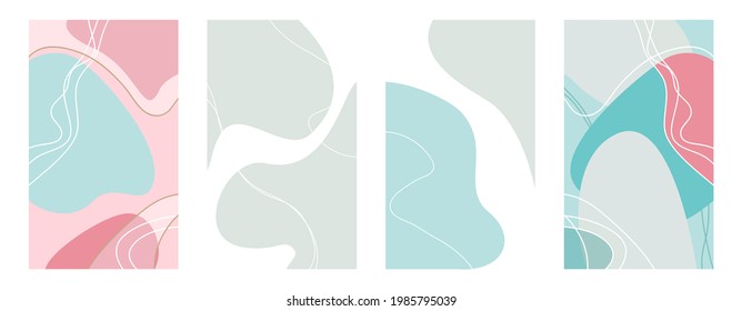 Abstract rectangular background. Set of vertical covers. Gray, terracotta, pale pink, blue, marsh, tide, light gray, white.
Overlay effect. Smooth lines. Uneven spots. Vector illustration. Eps 10.