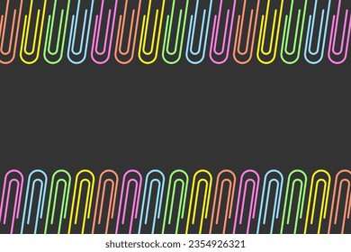 Abstract rectangular frame of bright paper clips on a dark background. Office and school stationery