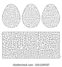 Abstract rectangular isolated labyrinth and three kinds in the form of an egg. Black color on a white background. An interesting and useful game for children Simple flat vector illustration.