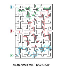 Abstract rectangular large maze. Game for kids. Puzzle for children. Three entrances, one exit. Labyrinth conundrum. Flat vector illustration isolated on white background. With answer.