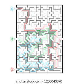 Abstract rectangular large maze. Game for kids. Puzzle for children. Three entrances, one exit. Labyrinth conundrum. Flat vector illustration isolated on white background. With answer.