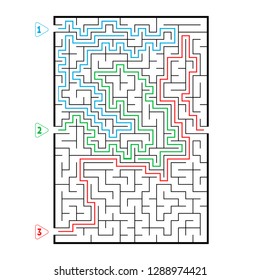 Abstract rectangular large maze. Game for kids. Puzzle for children. Three entrances, one exit. Labyrinth conundrum. Flat vector illustration isolated on white background. With answer.