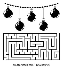 Abstract rectangular maze with a black and white picture. Round Christmas balls. An interesting and useful game for children. Simple flat vector illustration isolated on white background.